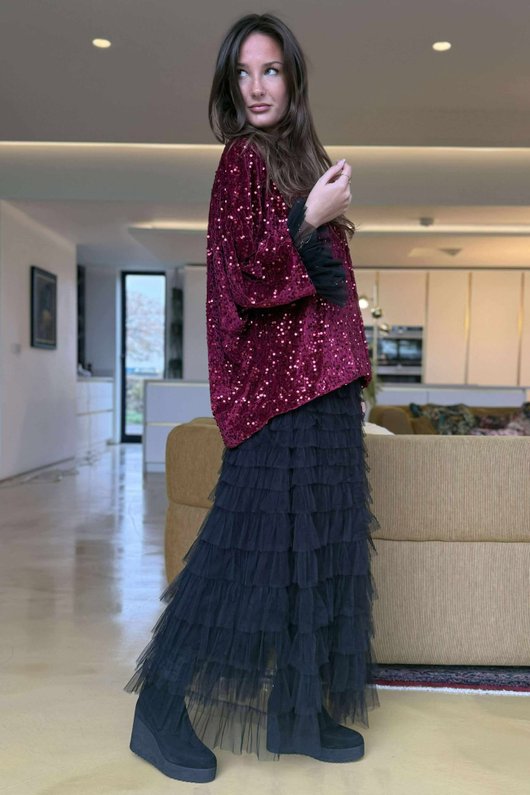 Vivie Velvet Sequin Top Burgundy